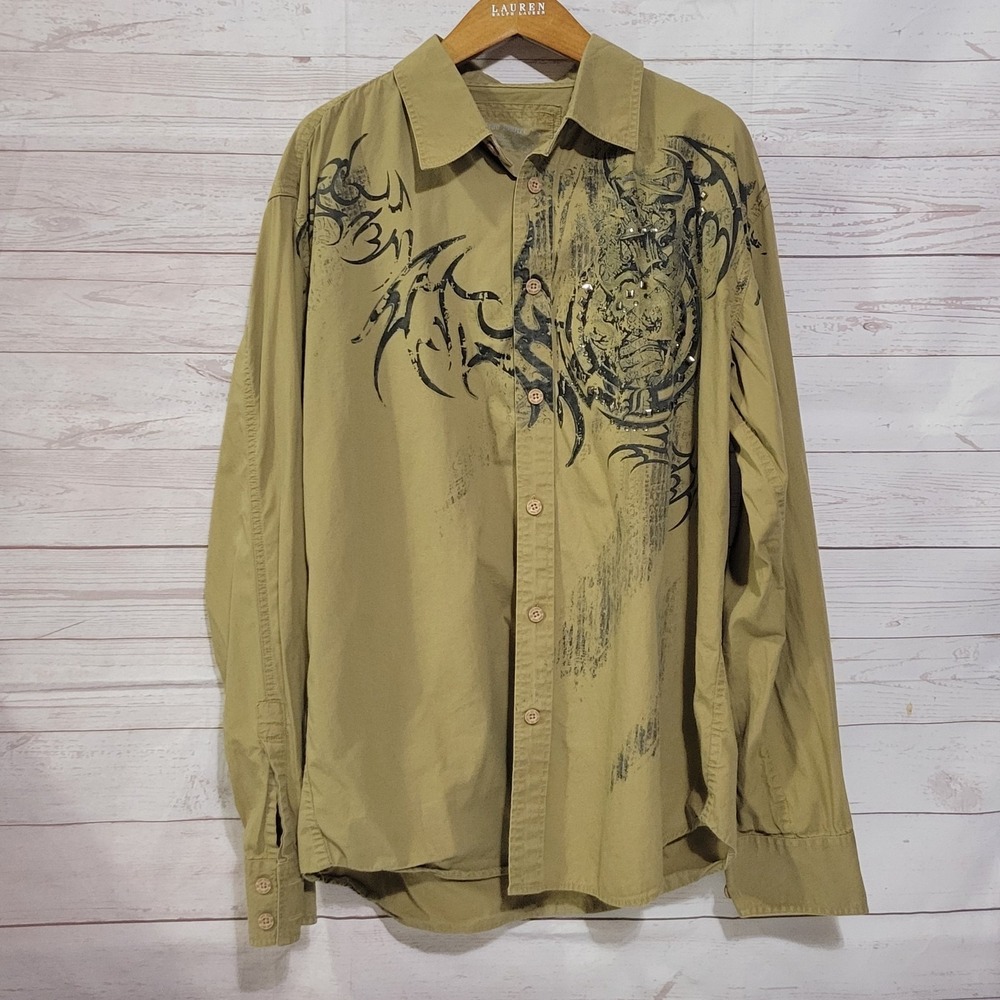 Brad Butter Button Up Shirt Mens XL Brown Tribal Wings Y2K Grunge Cyber Studded